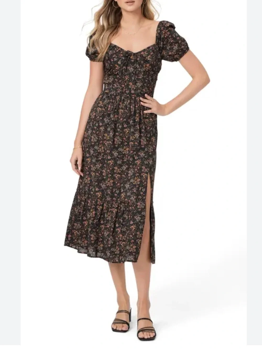 PAIGE Black Floral Puff-Sleeve Midi Dress - Picture 4 of 8